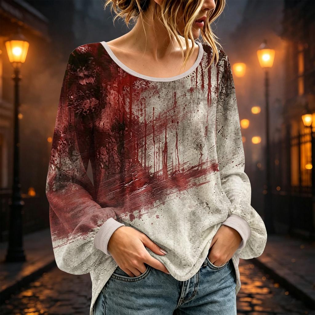 Women's Long Sleeve Round Neck Halloween Printed Tunic Top for Festive Occasions