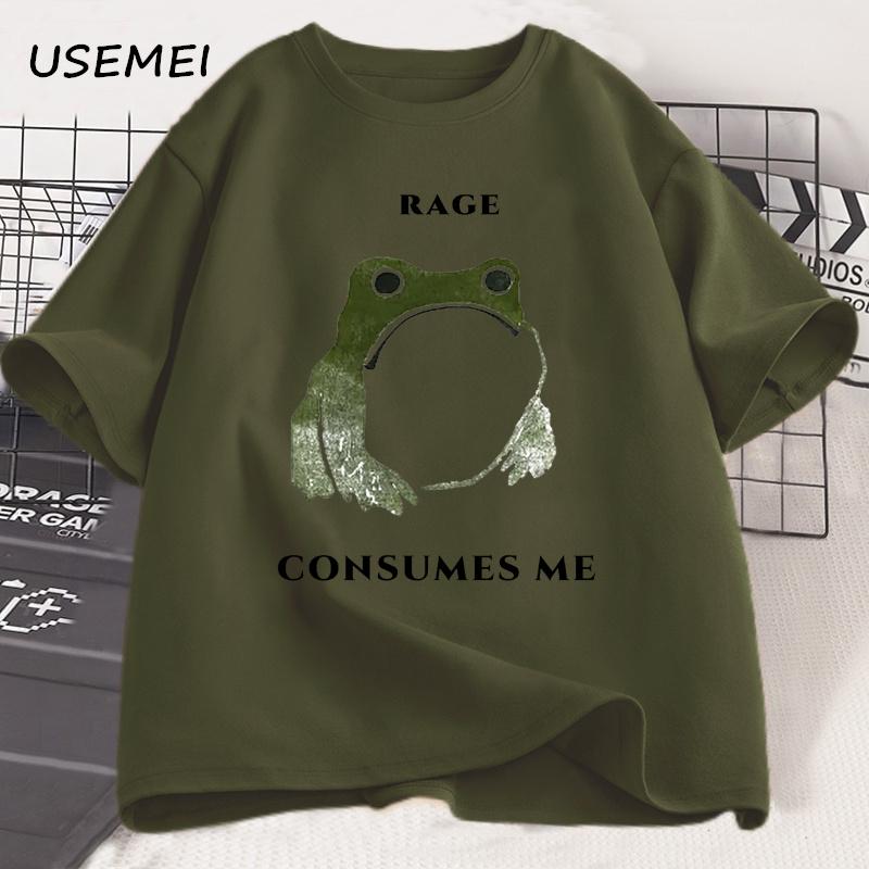 Unisexs T Shirts Funny Rage Consumes Me Frog Graphic T Shirts Vintage Cotton Short Sleeve Printed Tshirt Unisexs Clothes Streetwear