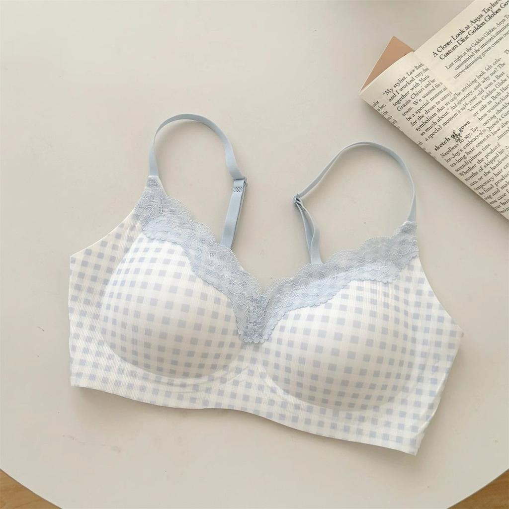 Check Lace Splicing No Steel Ring Push-up Girls Underwear Breathable Gathered U-shaped Beautiful Back Anti-sagging Comfortable Bra