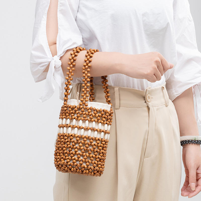 Borsa Secchiello Fatta a Mano con Perline e Striscia a Contrasto Stile Boho Leggera Intreccio di Perline di Legno Borsa a Mano per Pendolarismo Quotidiano Viaggio in Spiaggia