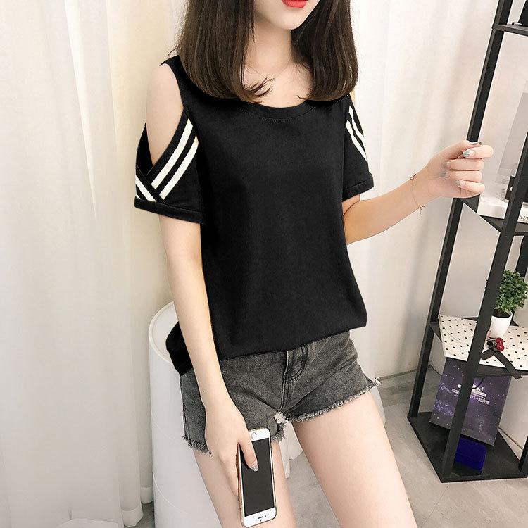 

Женская одежда 2025 лето футболка с открытыми плечами, облегающая, с коротким рукавом, ins, повседневная мода, женский топ M чёрный
