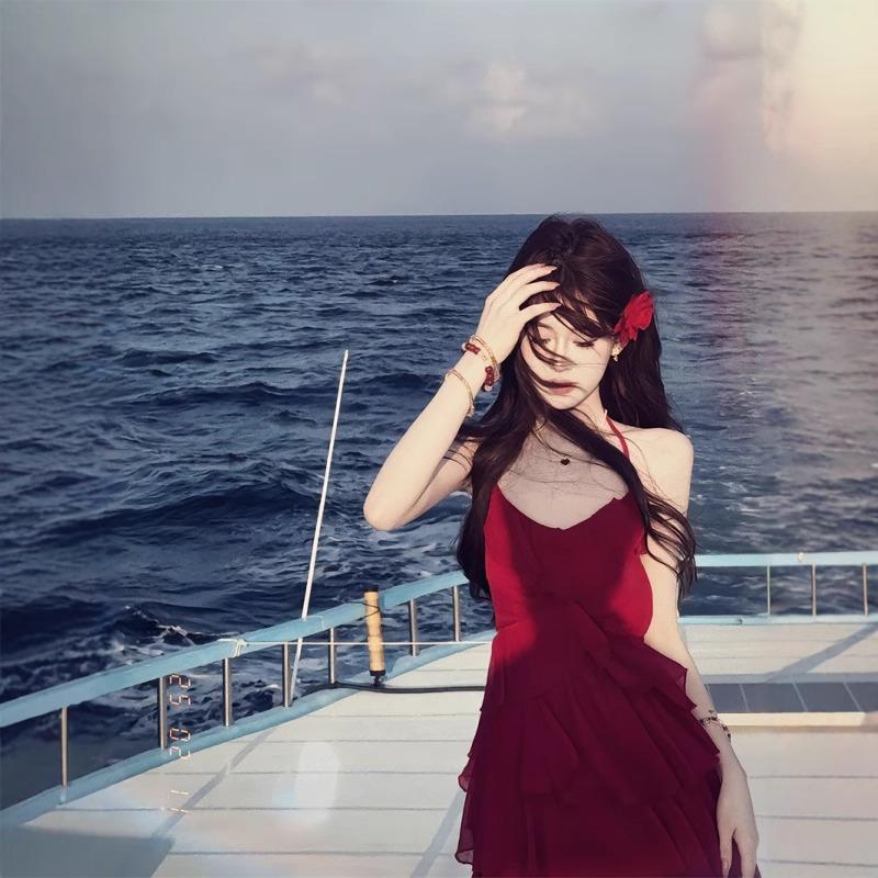 2026 Summer Women's Red Slip Dress - Hot Girl Vacation Style, Slimming A-line Short Layered Skirt