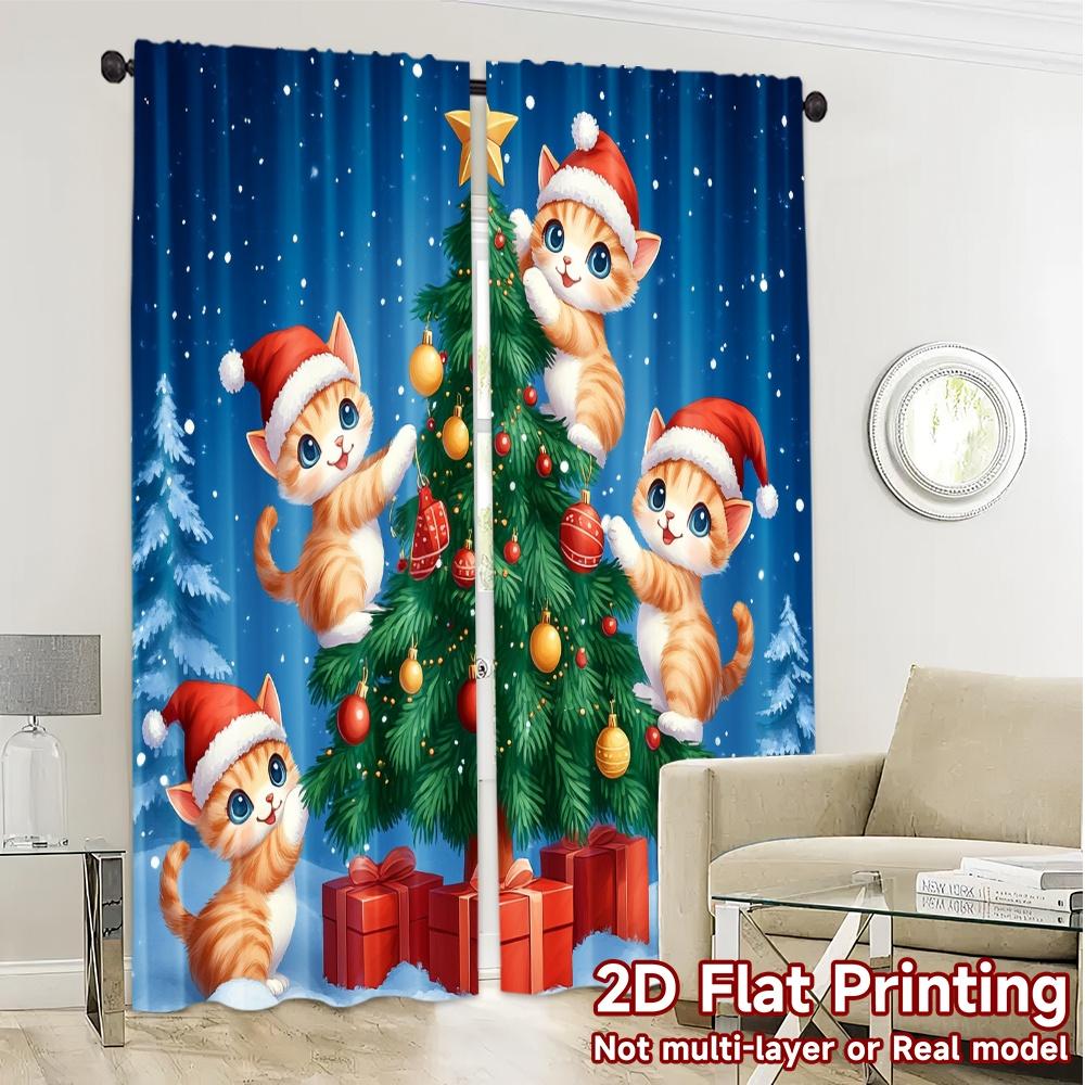 2pcs,Curtains Cute Kittens Decorating Christmas Tree (2) Fashionable Popular Curtains Machine Washable Fabric Curtains Holiday
