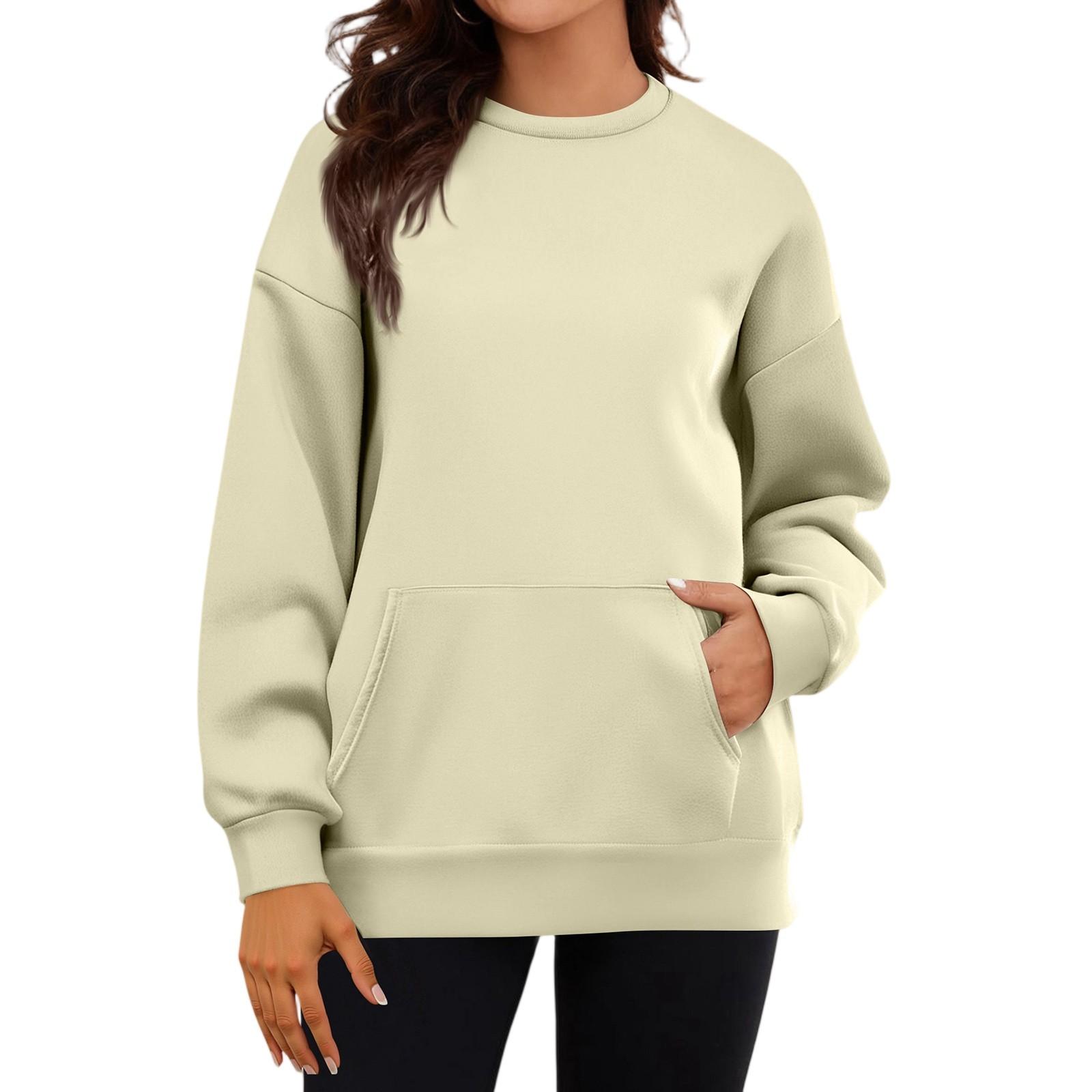 

Women s Casual Fashion Long Sleeve Solid Color Round Neck Sweatshirt Top With Pockets XXL жёлтый
