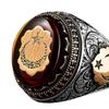 Male Ring Personality Hand Engraved Pattern Handmade Lustrous Vintage Red Stone Turkish Signet Ring Jewelry Accessory