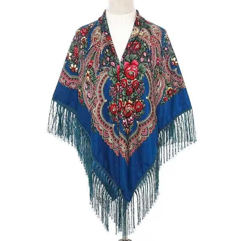 130*130cm Russian Style Floral Print Square Scarf Big Size Bandana Handkerchief Ukrainian Scarves Fringed Shawl Babushka Hijab