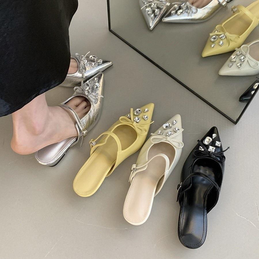 thick-soled silver temperament bag head half slippers women's shoes wear rhinestones Mary Jane sandals