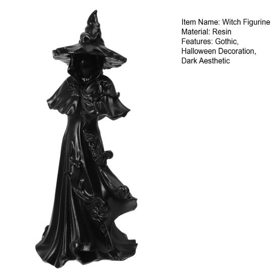 Dark Aesthetic Shelf Ornaments 12 Inch Black Resin Faceless Witch Figurine, Gothic Spooky Robed Statue with Sculpture for Home Pointed Wizard