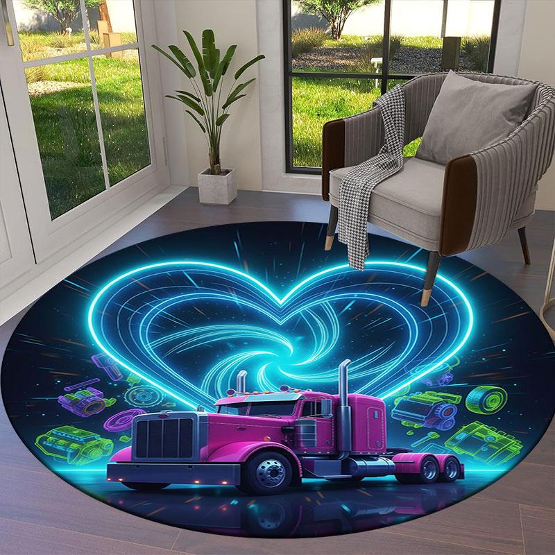 Neon Truck Round Area Rug,Carpet Rug for Living Room Bedroom Sofa Playroom Decor,Non-slip Floor Mat