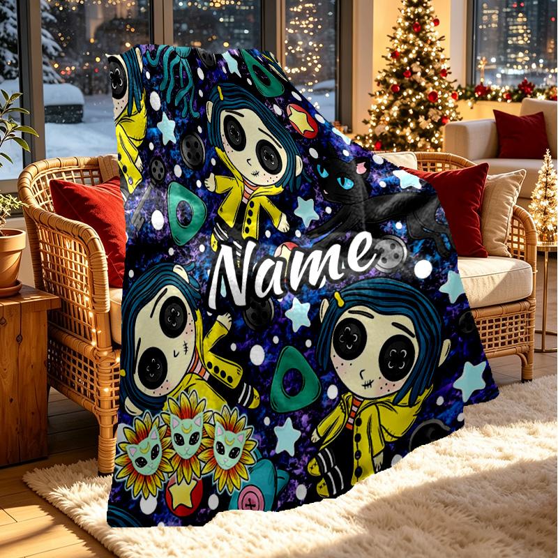 Custom Name Personalized Coraline Print Blanket, Home Decor, Bedroom, Sofa, Camping, Couch, Gifts for Birthday Christmas