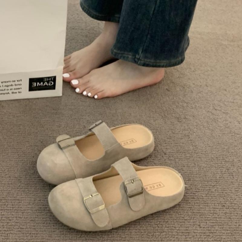 Fashion Baotou Slippers Spring New Round Head Beef Suede Shallow Mouth Metal Buckle Set Foot Soft Sole Non-slip Flat Shoes