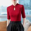 New Chinese Style Five-point Sleeve Chinese Style Mesh T-shirt for Women In Summer New Buttoned Shirt Black Slim Stand Collar Top