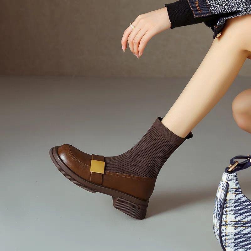Women's Knitted Stretch Slimming Chunky Heel Ankle Boots, 2025 Autumn/Winter Retro Brown Mid-Heel Martin Loafers.