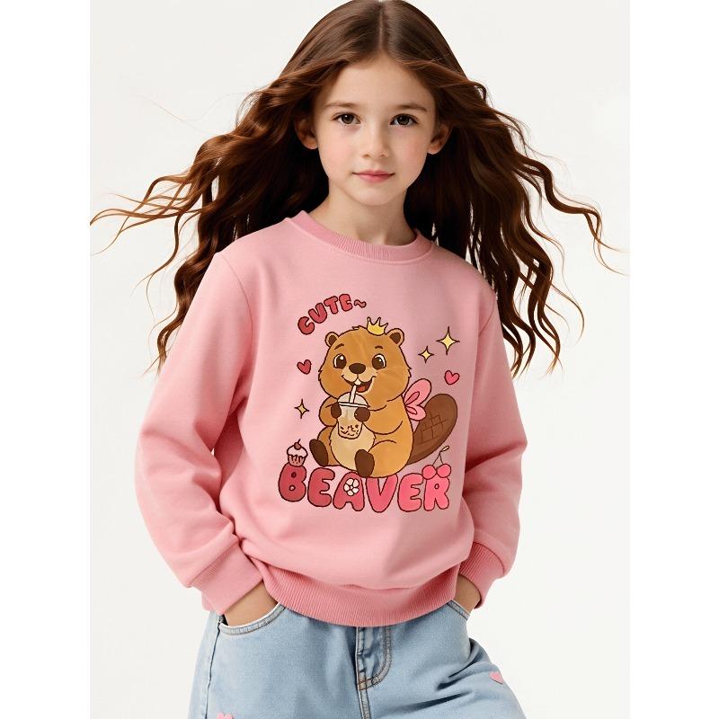 Kids Sweatshirt,Crew Neck Fashion Top, Fun "Cute Beaver Drinking" Patterned Sweatshirt, for Everyday Casual Wear, for All Kinds of Daily Outfits