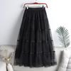 Qooth Women Casual Solid Color Lace Tulle Skirt Elegant Elastic Waist Cake Mesh A-line Skirt For Spring Summer QT2427