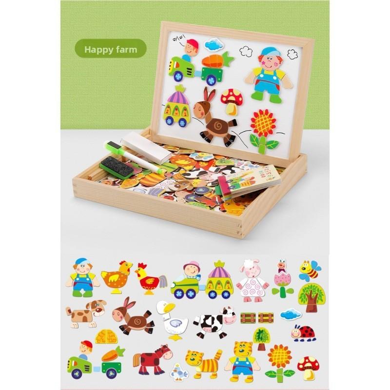 Cow Wooden Tiger Rabbit Animal Farm Theme Magnetic Puzzle Board Toy Children