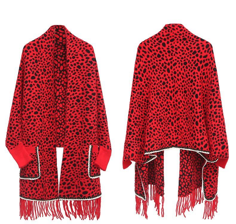 Knitted Shawl Women'S Pocket Cheongsam With Cardigan Cape And Leopard Print Shawl