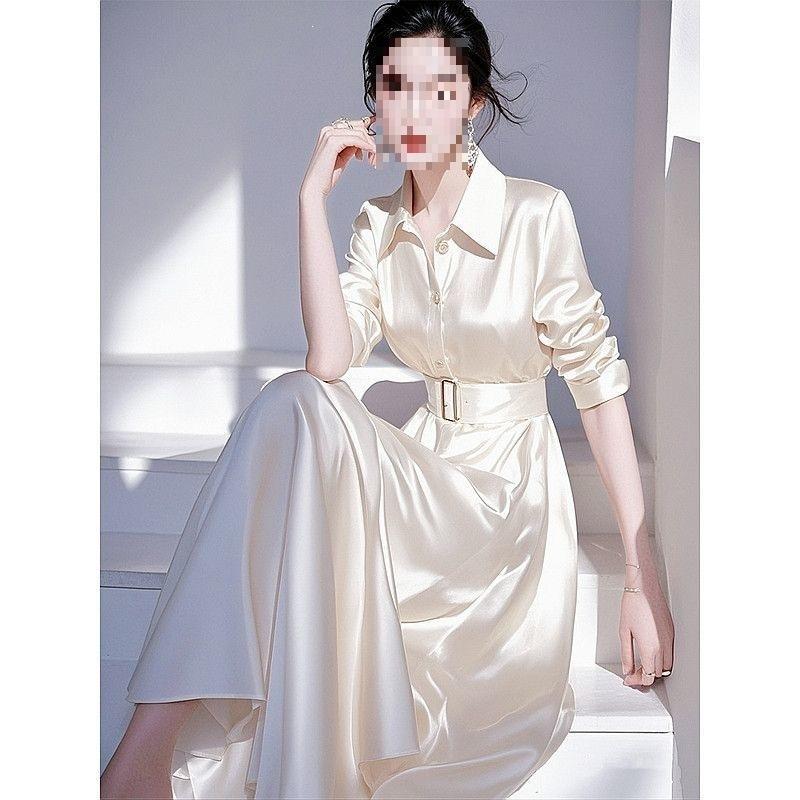 Xiaoxiangfeng waist white satin shirt dress women's early spring new high-end French professional long skirt