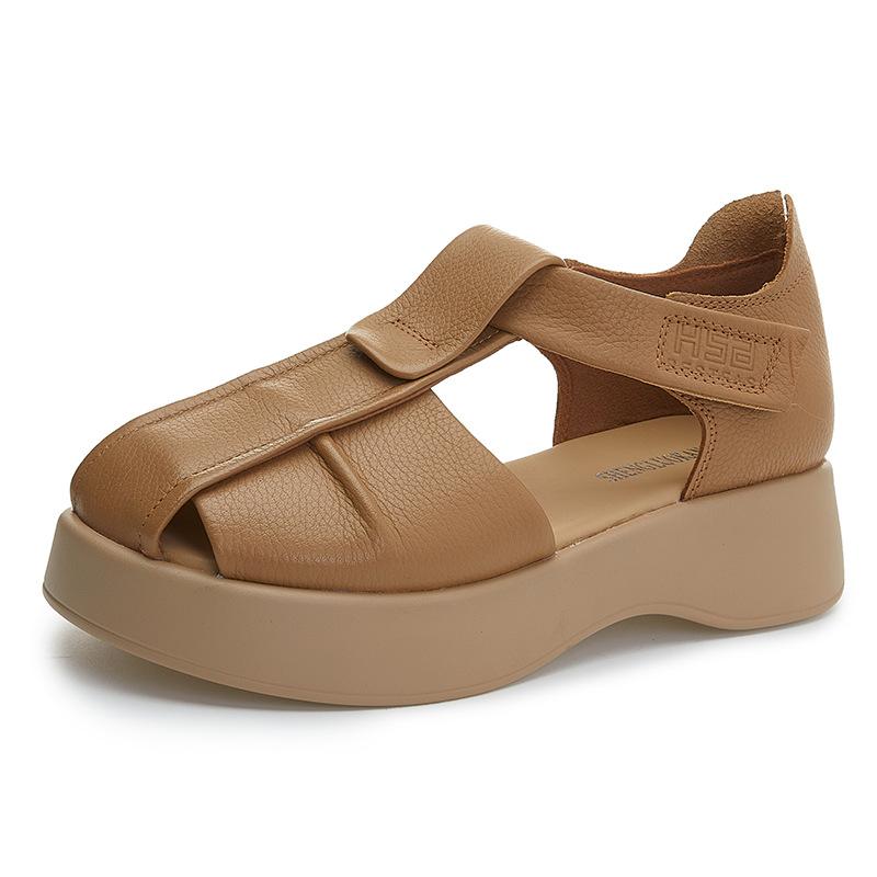 2025 summer new wear-resistant first-layer leather casual sandals women's tide European station platform sports Roman sandals women