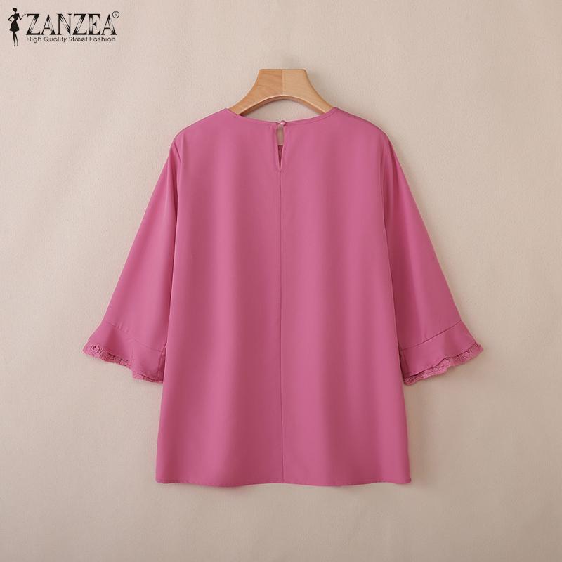ZANZEA Women Summer Patchwork Round Neck Casual 3/4 Sleeve Loose Blouse