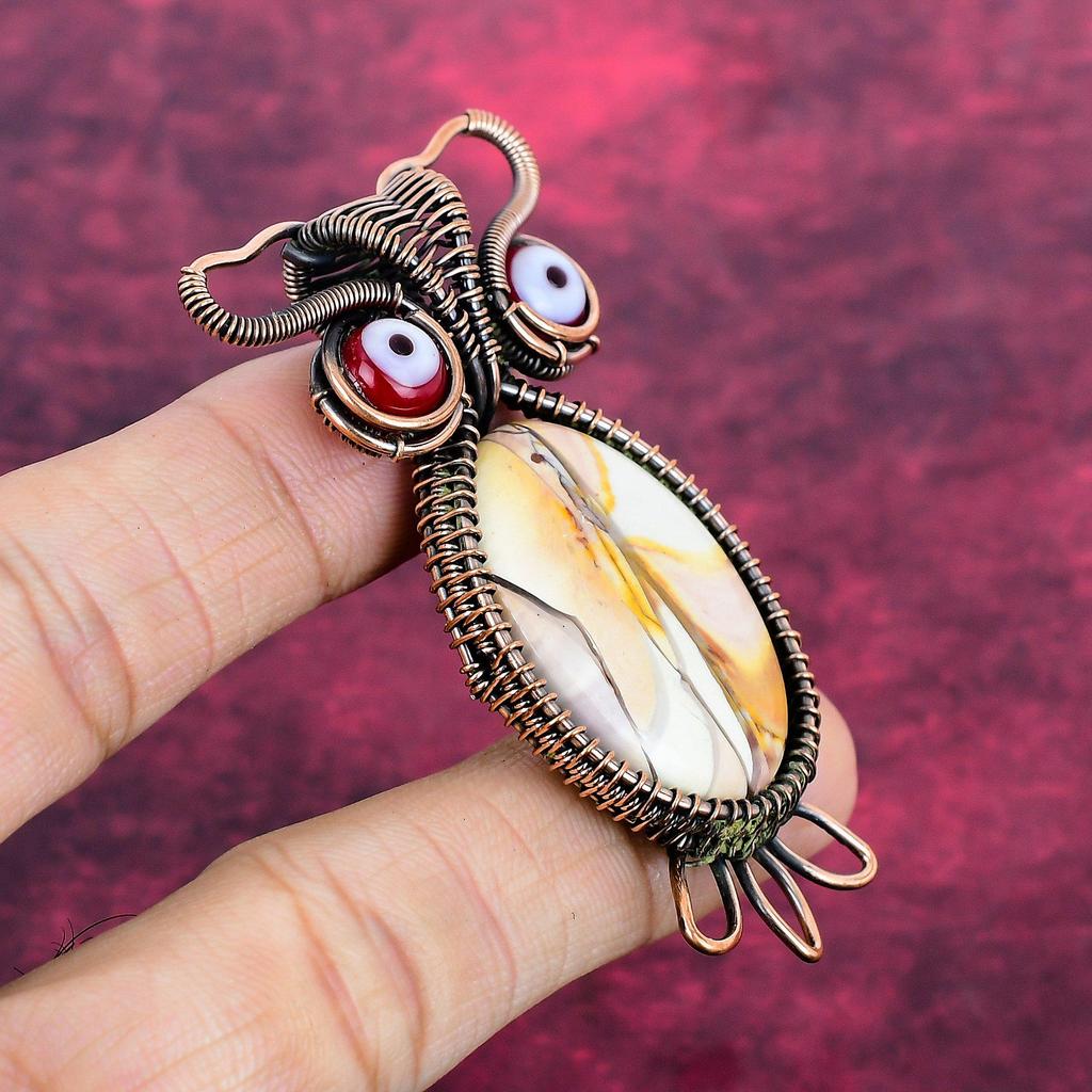 Brecciated Mookaite Gemstone Pendant Red Color Evil Eye Jewelry Copper Wire Wrapped Owl Pendant