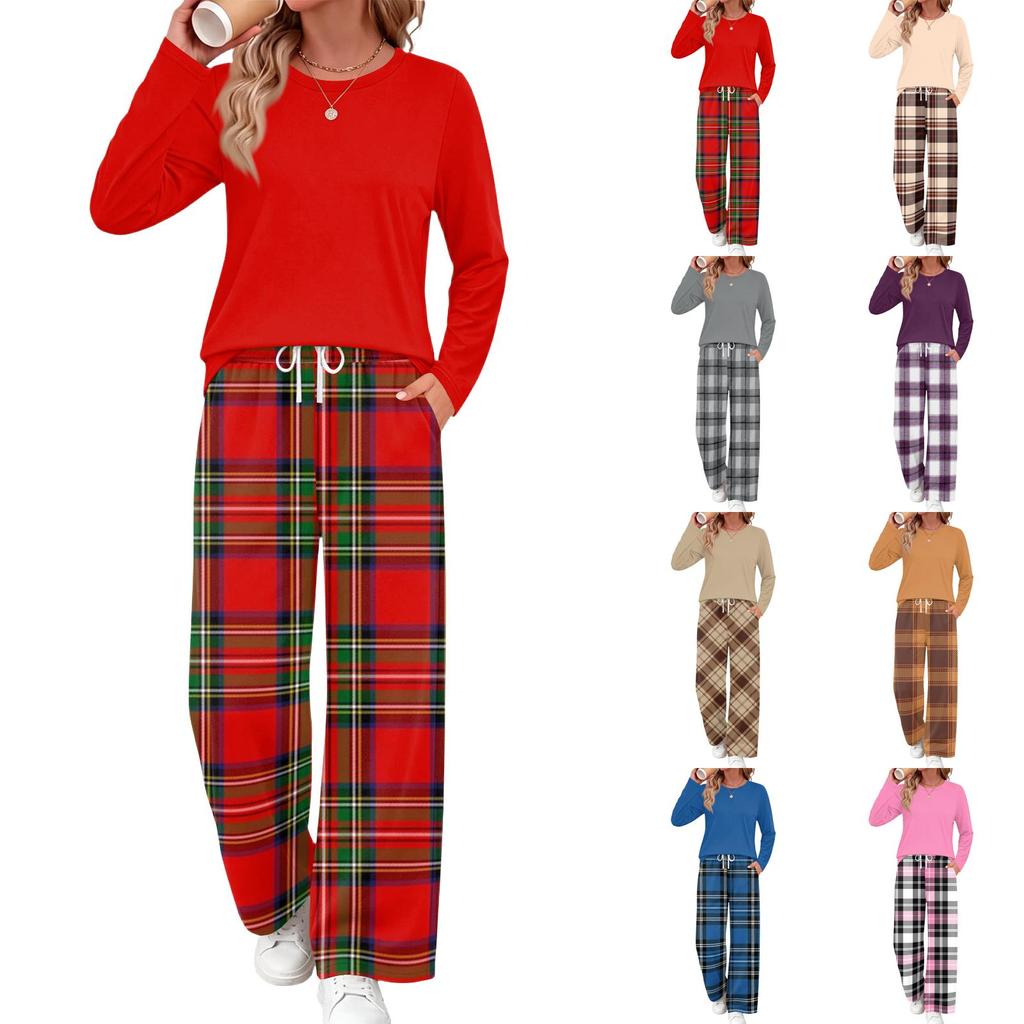Set Pigiama Casual da Donna con Tasche Manica Lunga Stampato Girocollo Vestibilità Larga Abbigliamento per la Casa