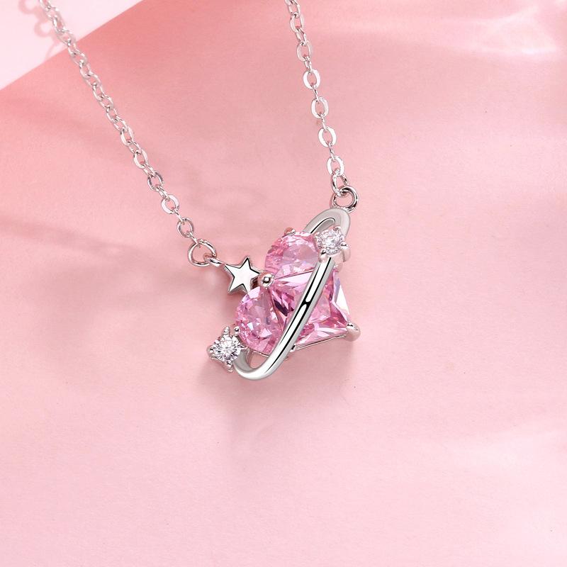 Love Planet Necklace Women's Korean Romance Niche Light Luxury Pink Diamond Love Three-dimensional Premium Sense Necklace