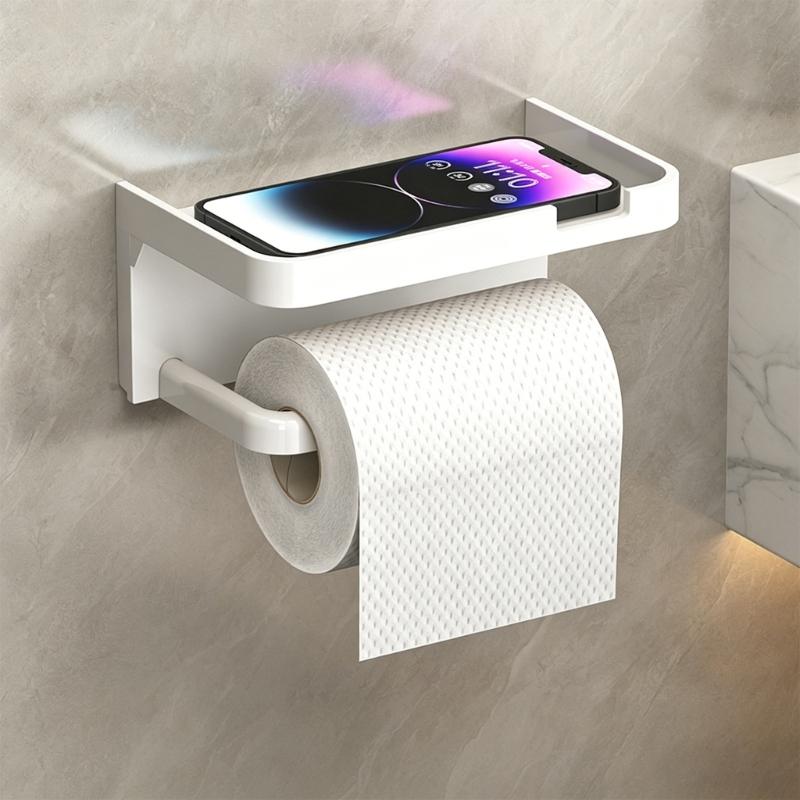 Contemporary Bathroom Shelf with Integrated Phone Tray and Paper Roll Holder Plastic Design Suitable for Washroom