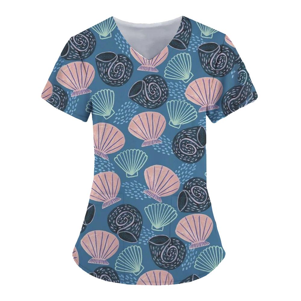 Marine life patterns Healthcare Uniform Nurse Clinic Nursing Workwear Hospital T-shirt Fashion Short Sleeve Blouse Women Medical
