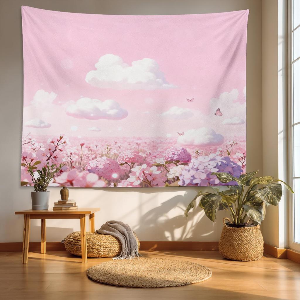 Retro Japanese Cherry Blossom Tapestry, Deep Indigo Flowers Wall Art Hanging Decoration Polyester Fiber White Ruffled Around For