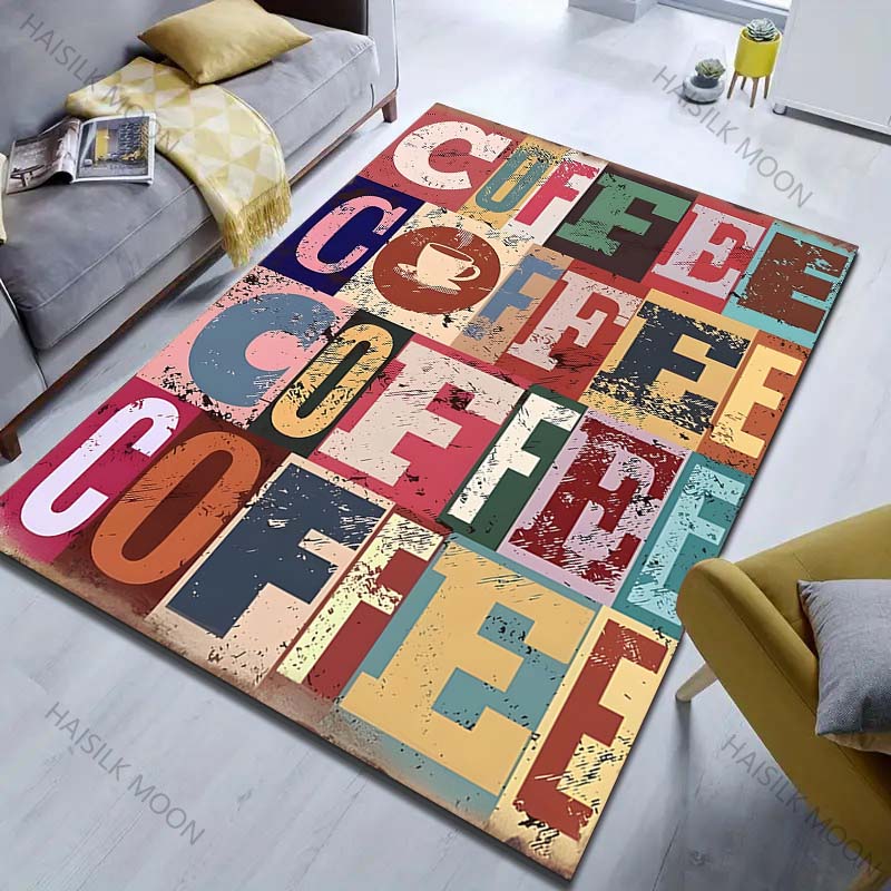 Retro Coffee Letters Print Carpet for Living Room Bedroom Bedside Sofa Floor Mat Modern Home Decor Area Rug Large Size