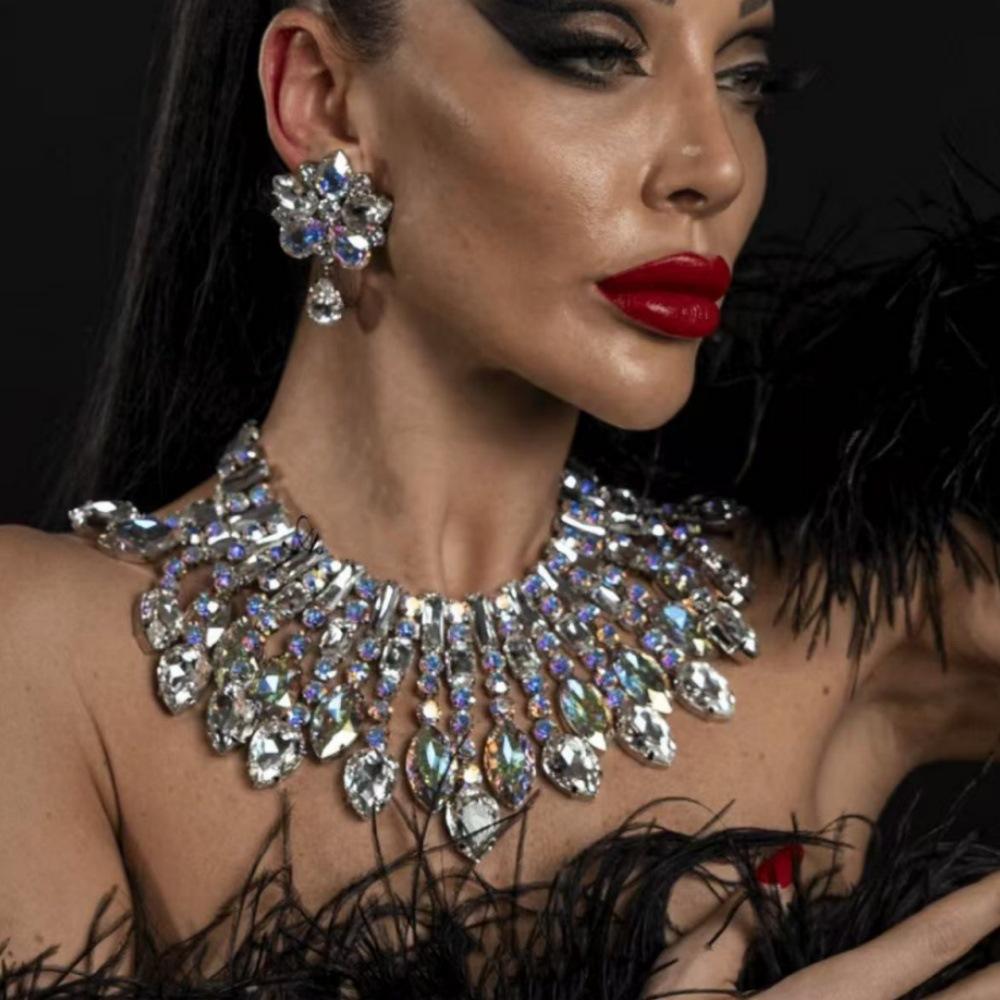 European and American Exaggerated Multi-layer Full Diamond Necklace Earrings Set