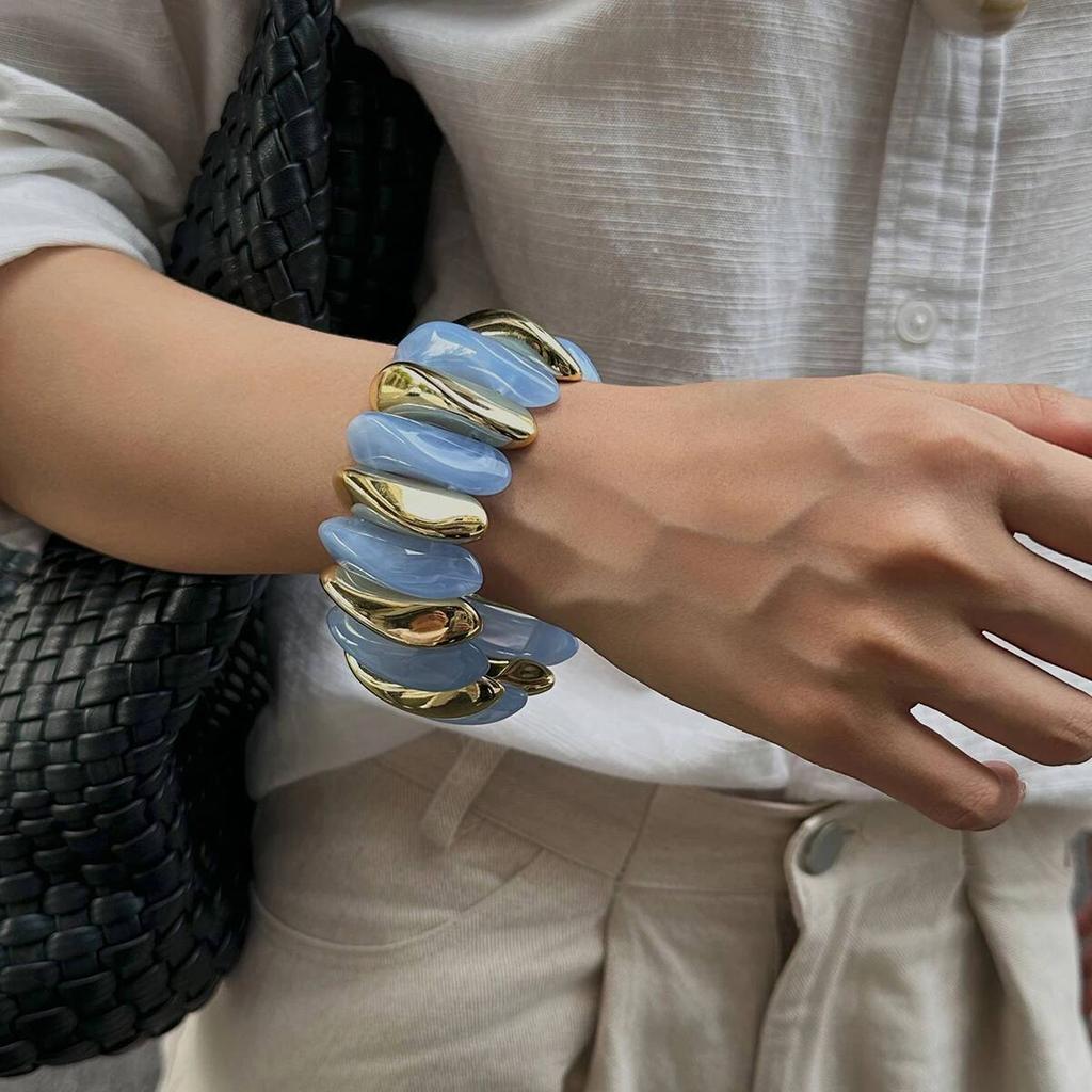 Salircon 10 Colors Vintage Thick Resin Acrylic Irregular Bangles for Women Geometric Wide Chunky Elastic Bracelets Hand Jewelry