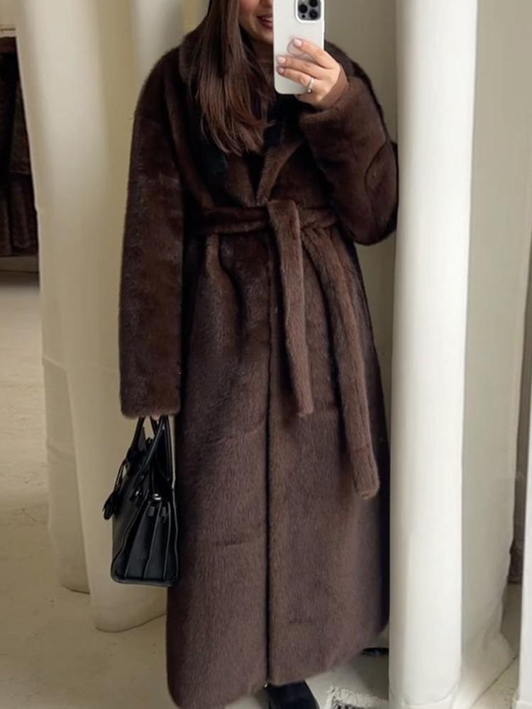 Damski płaszcz zimowy z długim rękawem ze sztucznej wełny, wiązany w pasie pod kołnierzem