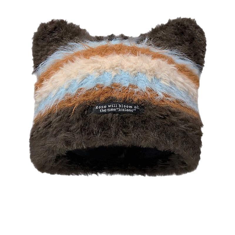 Autumn and winter hats female cat ears cute plush hat big head circumference showing face small headgear color matching striped thermal hat