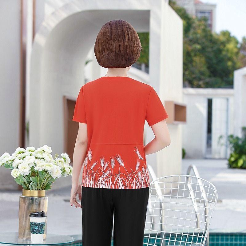 Middle-aged and Elderly Mothers' Summer Short Sleeve T-shirt Cool Large Size Casual Loose Ice Silk Women's Top
