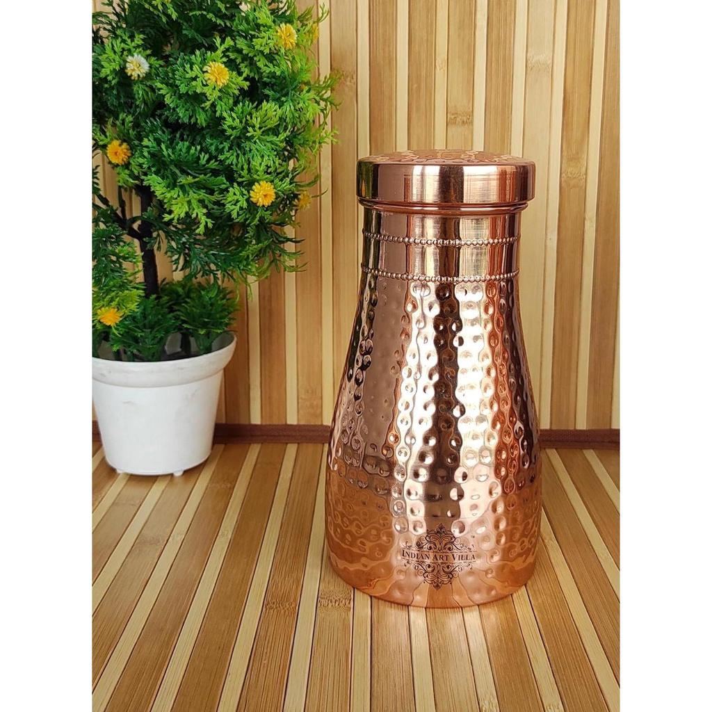 Wasserflasche aus reinem Kupfer für das Schlafzimmer mit eingebautem Glas, gehämmertes Glanzdesign, Trinkgeschirr und Aufbewahrungszweck, 1000 ml (Packung mit 1)