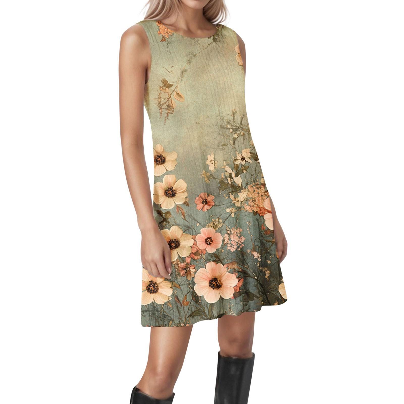 

Women s Vintage Floral Round Neck Sleeveless Textured Casual Dresses XXL зелений