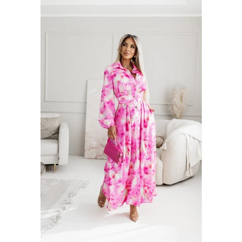 Elegant Women's Long Sleeve Floral Print Shirt Collar Midi Dress, Autumn Party Loose Belted Dress Casual Fashion with Lantern Sleeve Button Clothing