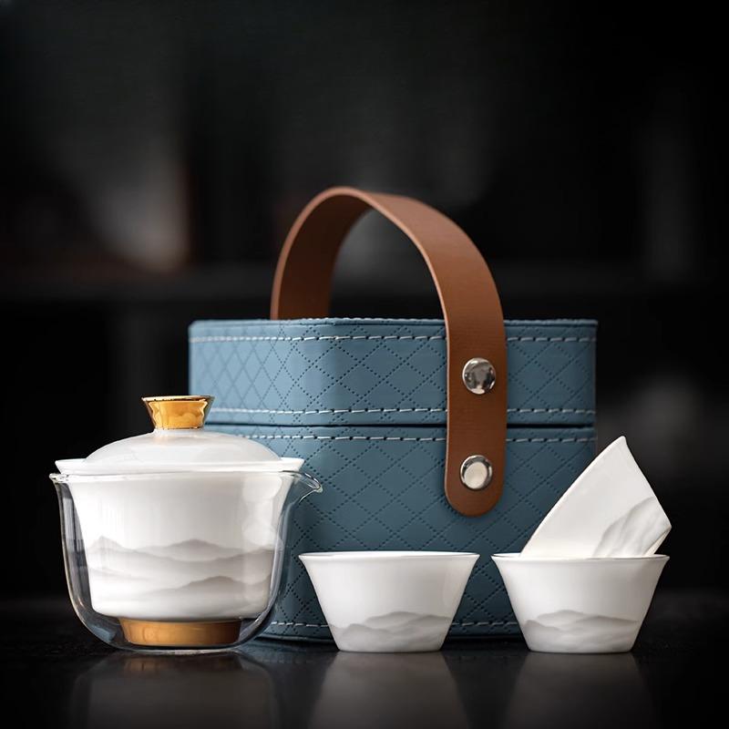 Goat Jade Porcelain Travel Tea Set Portable Quick Cup One Person Drinking Outdoor Camping Gear Outdoor Carrying Bag