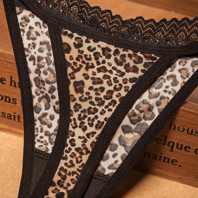 Sexy Leopard Panties Womens Lace Bow Lingerie Breathable Thongs Sheer Mesh Underwear Comfortable Female Briefs