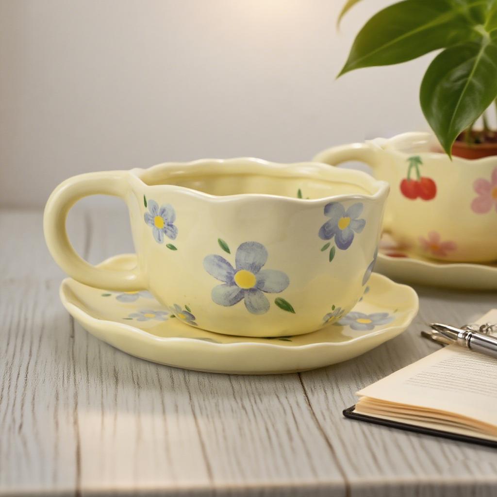 2PCS/Set High-end Coffee Cups And Saucers, High-value Ceramic Mugs, Business-style Latte Art Coffee Cups, Hand-pinched Cups