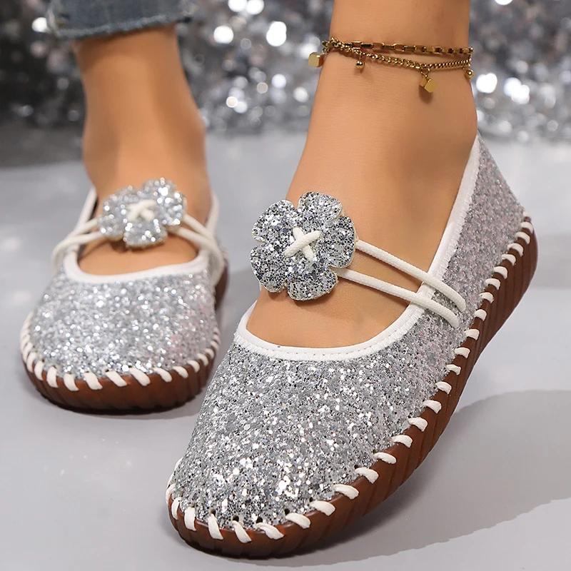 Fashion Women's Silver Shiny Sequin Decor Flats Summer Soft Sole Non Slip Casual Shoes Woman Plus Size Comfort Light Platform Loafers