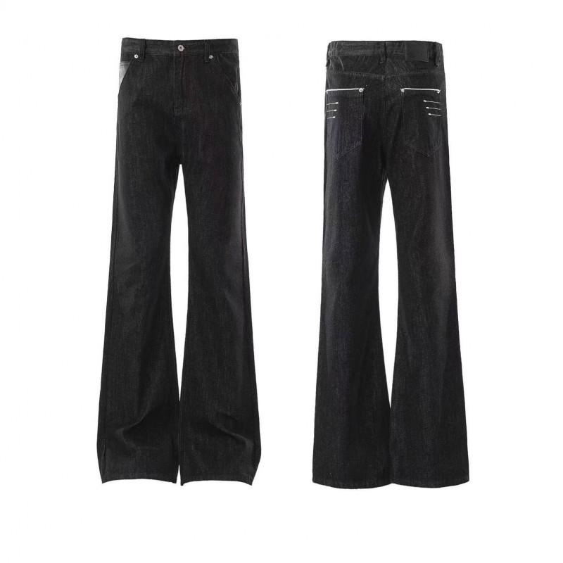 Mens Slim Straight Fit Raw Denim Jeans With Flared Hem Four-Thread Narrow Cut Embroidered Detail Mid-Rise Zip Fly