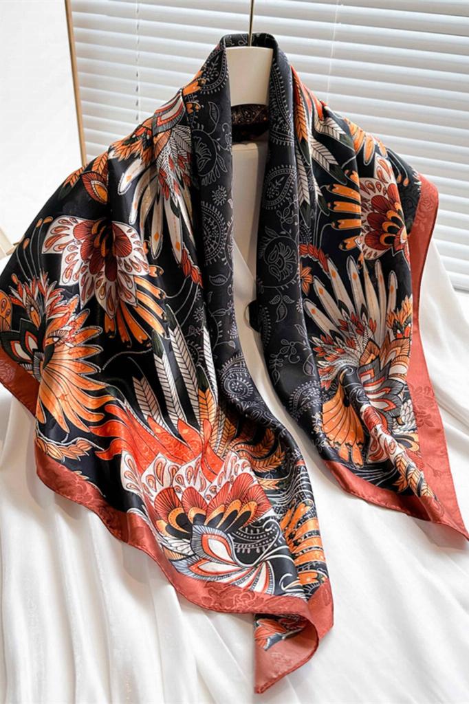Scarf 90x90 Black with an Oriental Pattern - Warm Autumn Colors