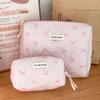 Pink Ribbon Bow Makeup Bag Korean Style Wash Bag Cute Sweet  Large Capacity Soft Quilted Breathable Storage Handbag