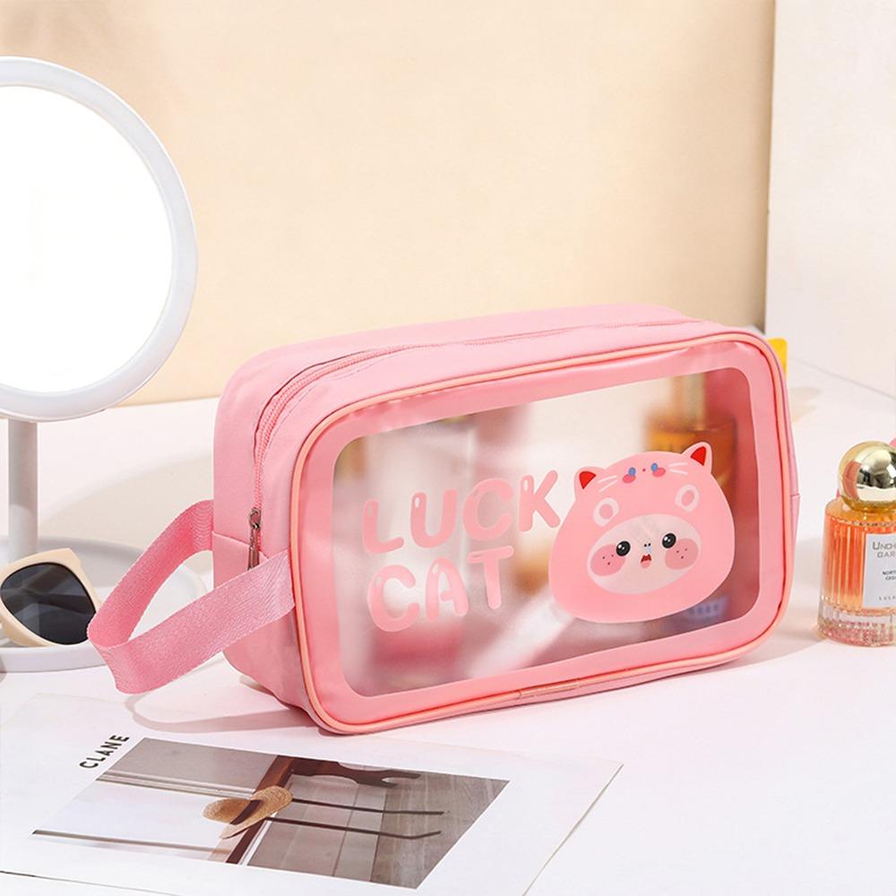 Portable PU Makeup Bag Transparent Large Capacity Travel Toiletry Pouch Cartoon Wet-Dry Separation Wash Bag for Women Girls