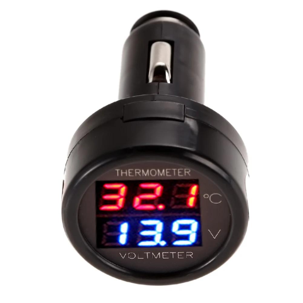 12V 24V Digital Car Voltmeter Thermometer Cigarette Lighter Style 2 in 1 Battery Monitor Voltage Temperature Meter