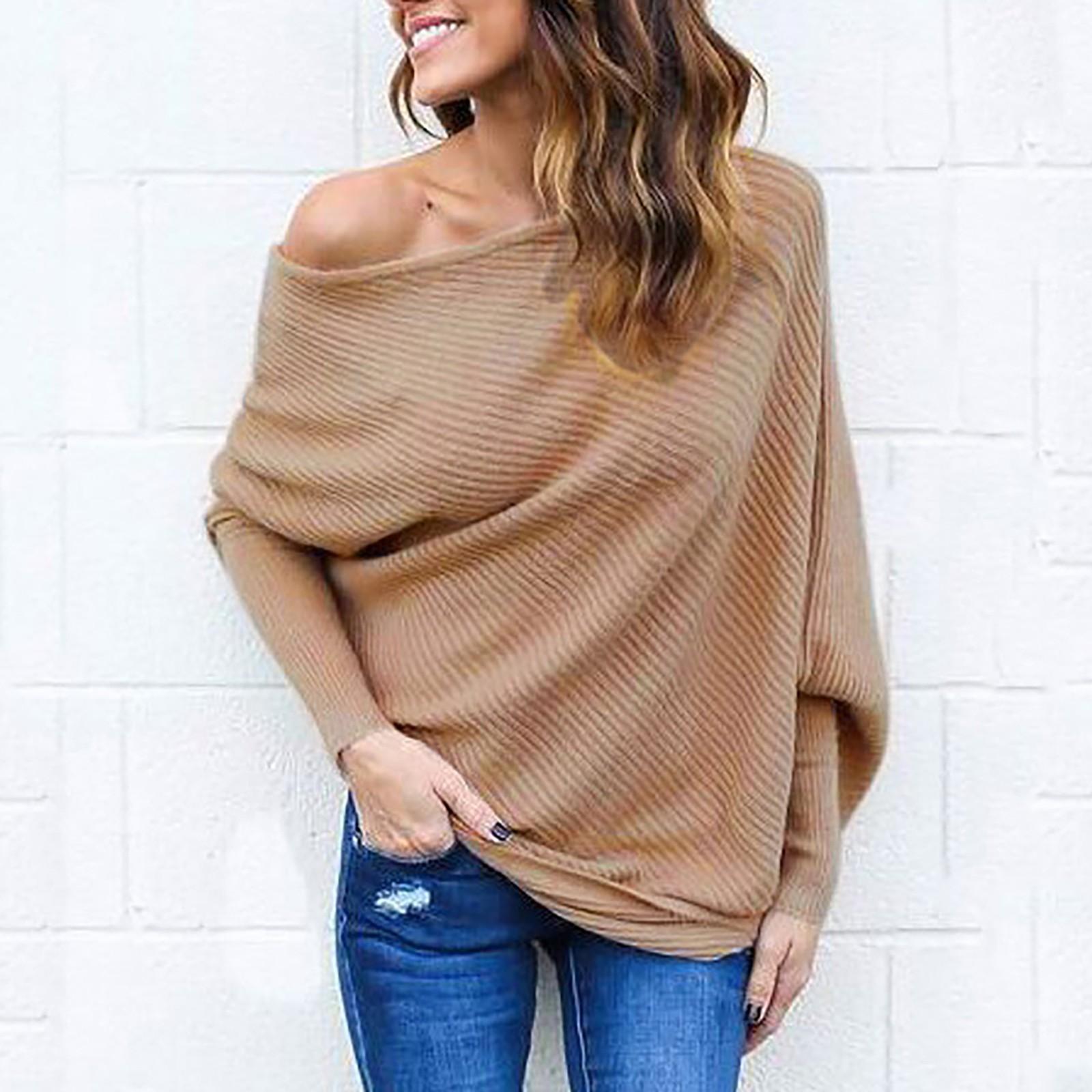 

Женская Мода Осень Топ с Рукавами Спущенными с Плеч Трикотажная Женская Футболка S хаки