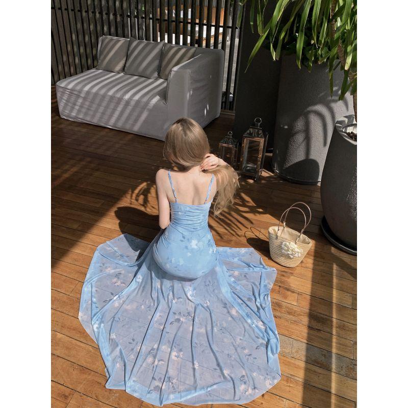 

Kumikumi French style Holiday Style New Lace Stitching Sling Dress Women Summer Waist Hugging Slimming A- line Skirt Light Blue S